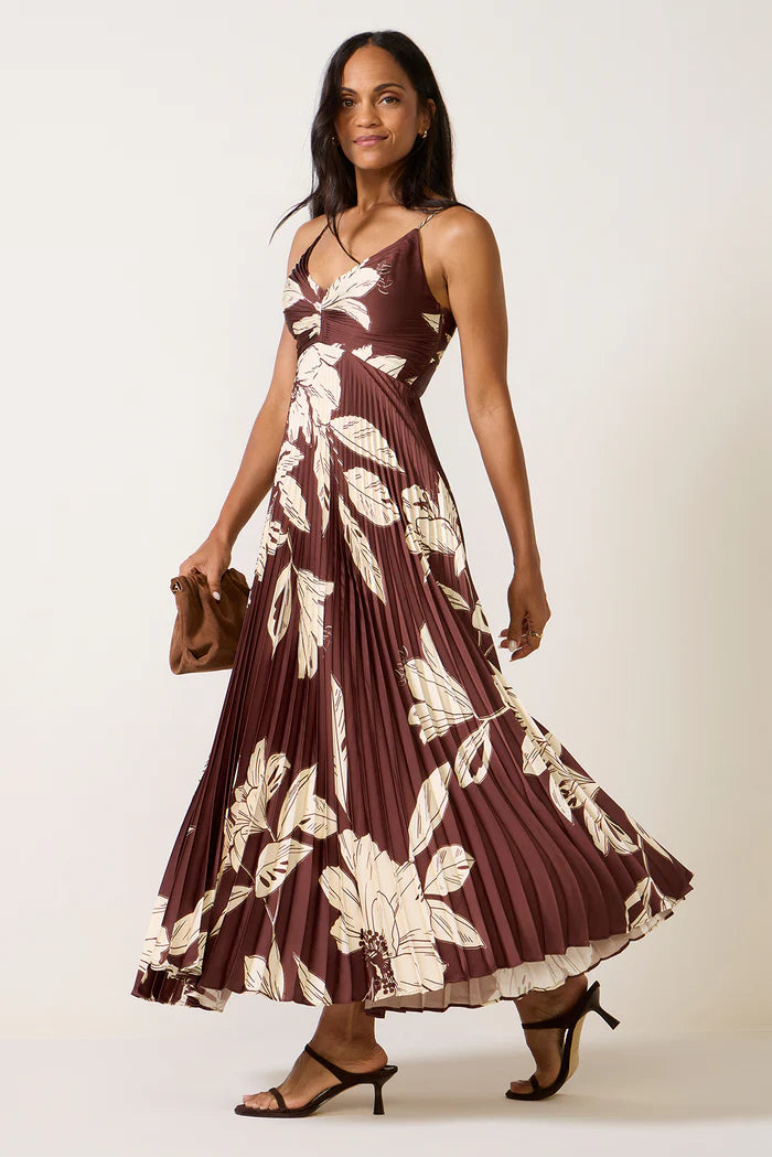 astr the label brown dress | Clea Pleated Satin V-Neck Maxi in Floral Size:36X30 Fawn Bridesmaid Dresses | Category:Sale The Westwood Dress features