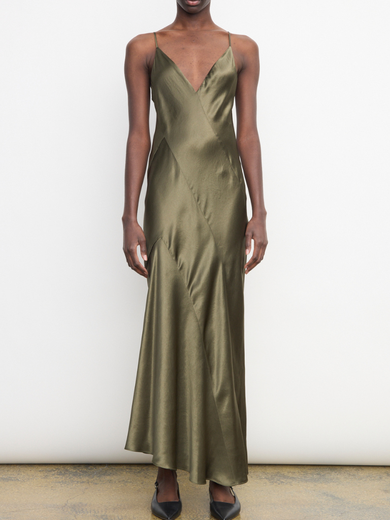 vince satin dress VINCE. Panelled Bias Slip Dress in Herba – Strut Boutique