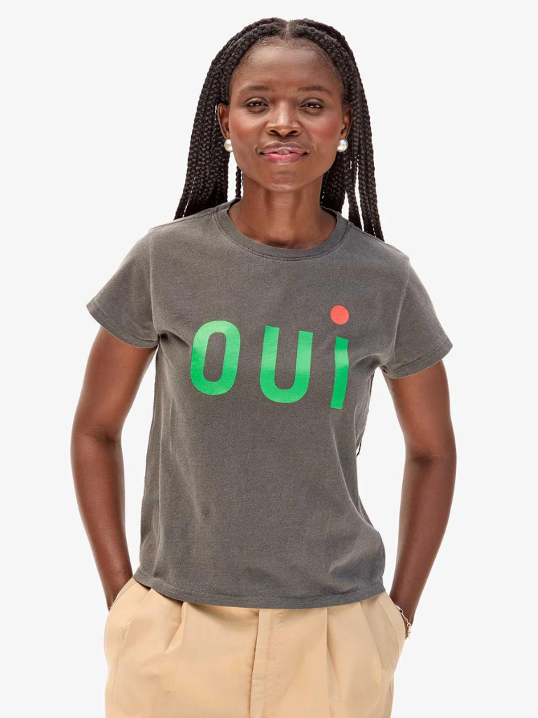 OUI Classic Tee in Faded Black w/Green & Bright Poppy