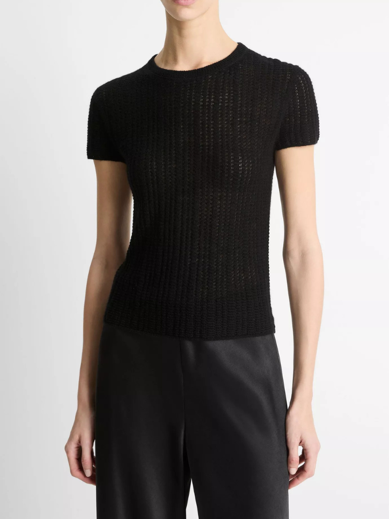 Waffle-Knit Cashmere-Silk Short-Sleeve Sweater in Black