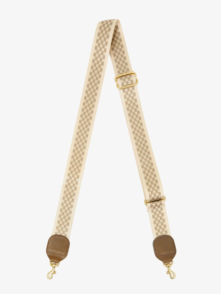 Adjustable Nylon Webbing Crossbody Strap in Khaki & Cream Checker