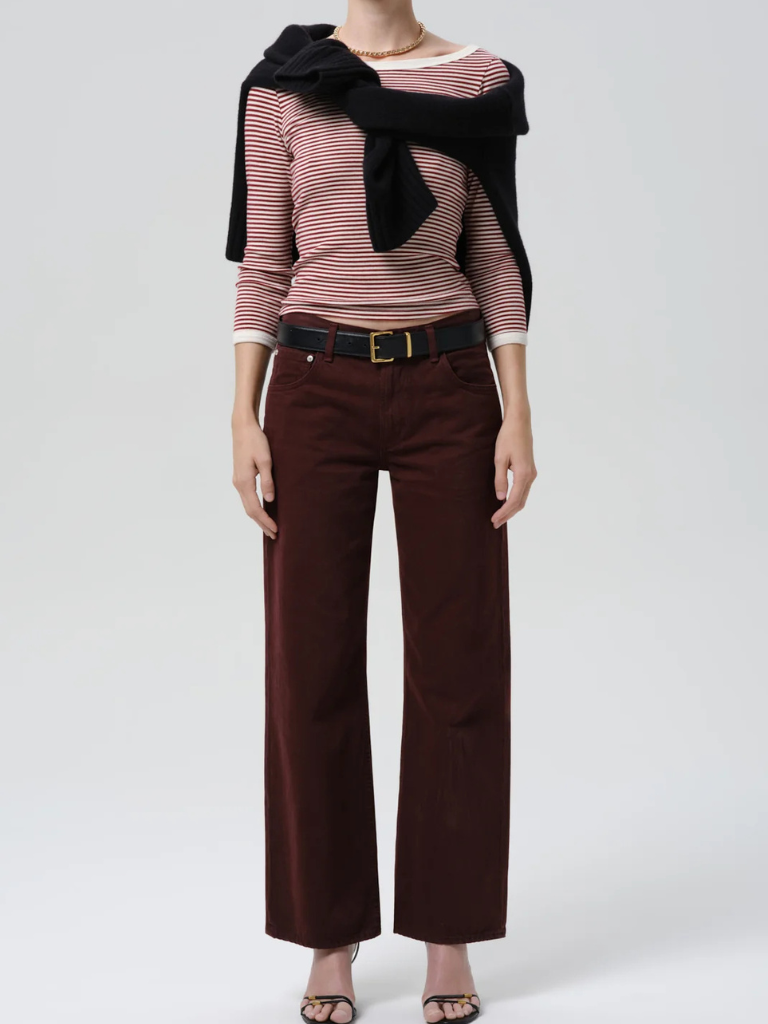 Boat Neck Slim Tee in Burgundy and Cream