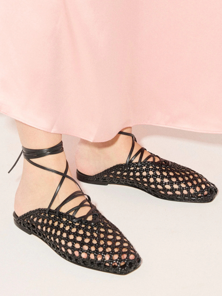 Etta Woven Ankle Lace-up Flat in Black Woven Calf