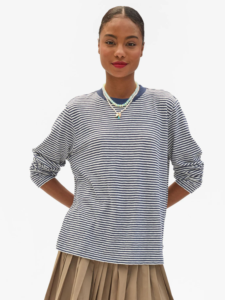Long Sleeve Tee in Navy /Cream Mini Stripe