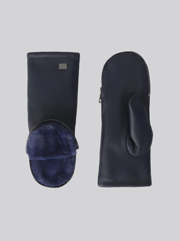 Betrice Leather Mitts Lined With Faux Fur in Night Blue