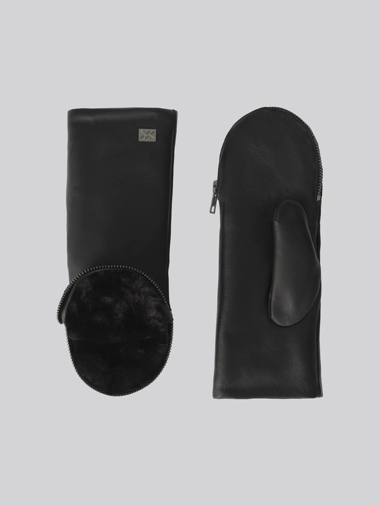 Betrice Leather Mitts Lined With Faux Fur in Black/Black