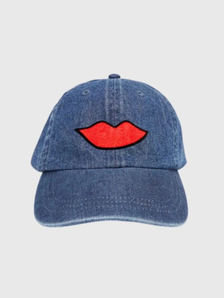 Red Lips Baseball Hat in Denim