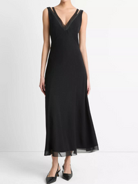 Chiffon and Faux-Leather Layered Slip Dress in Black