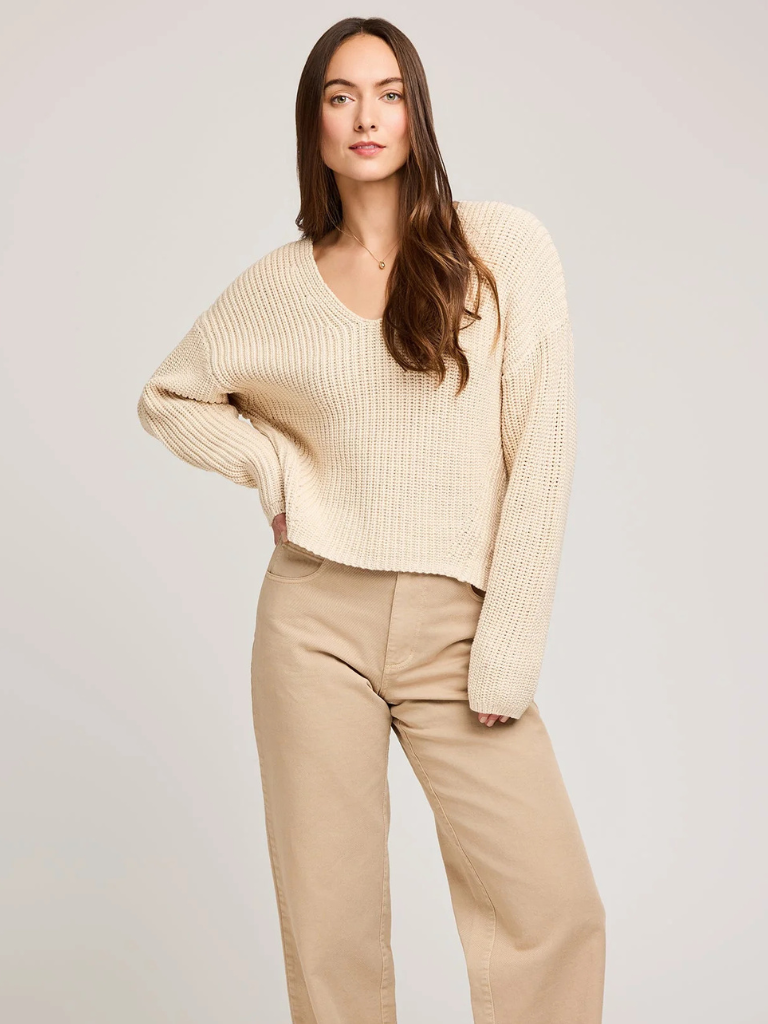 Spencer V-Neck Knit Sweater in Bone