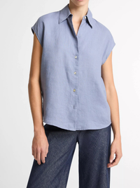 Linen Cap-Sleeve Button-Front Blouse in Azul