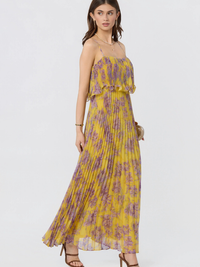 Makennah Plissé Floral Maxi Dress in Yellow/Purple Floral
