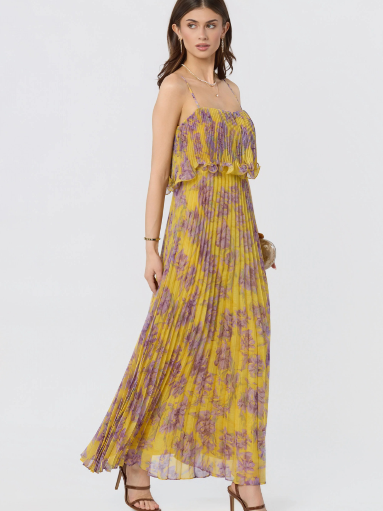 Makennah Plissé Floral Maxi Dress in Yellow/Purple Floral