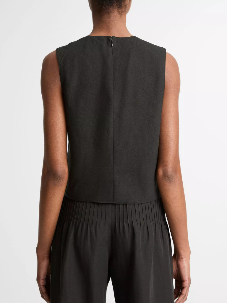 Linen Crew Neck Shell in Black