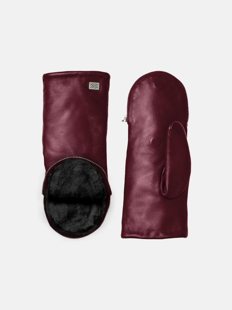 Betrice Leather Mitts Lined With Faux Fur in Merlot/Black