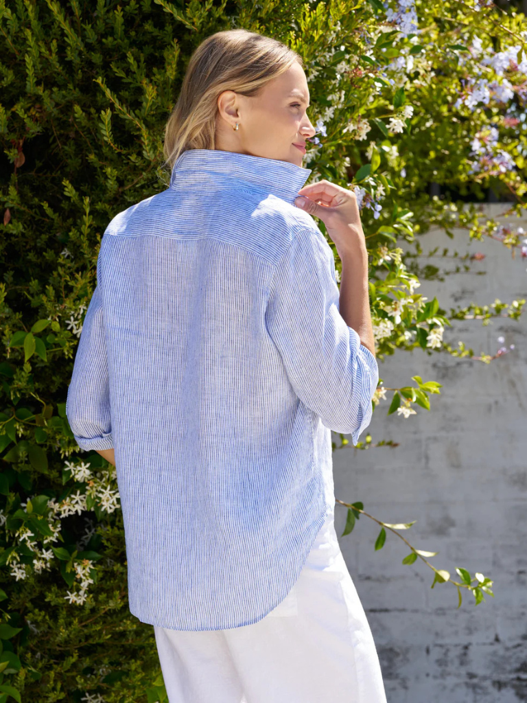 Eileen Classic Linen Button Down in Thin Blue Stripe
