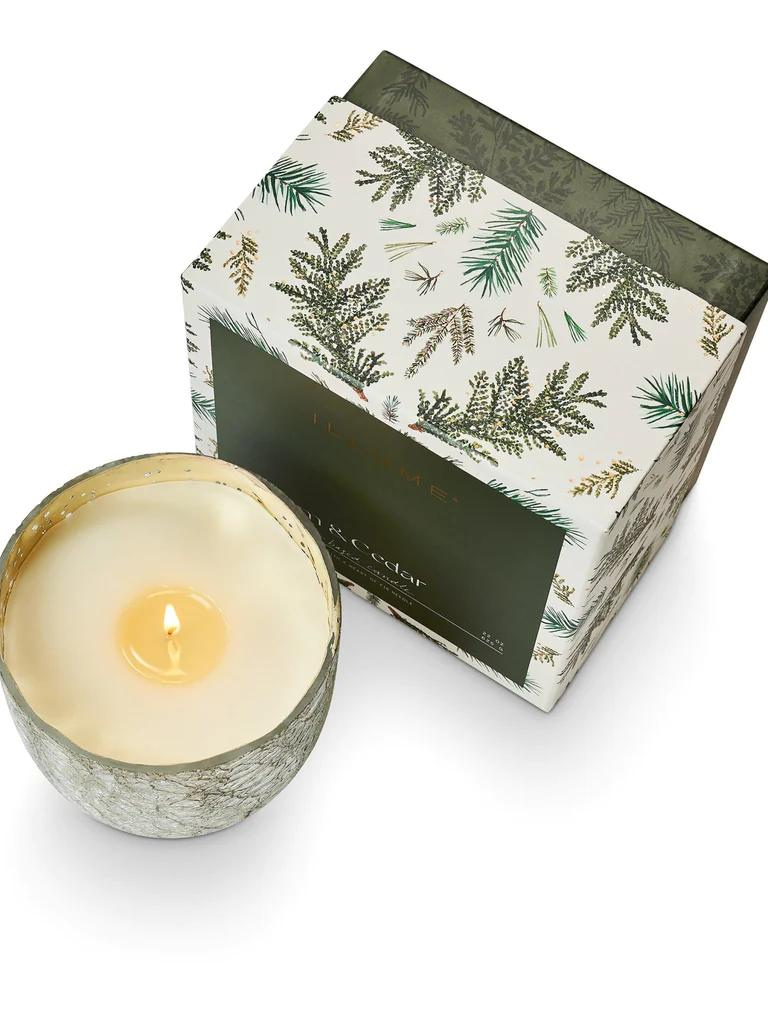 Large Boxed Crackle Glass Candle in Balsam & Cedar