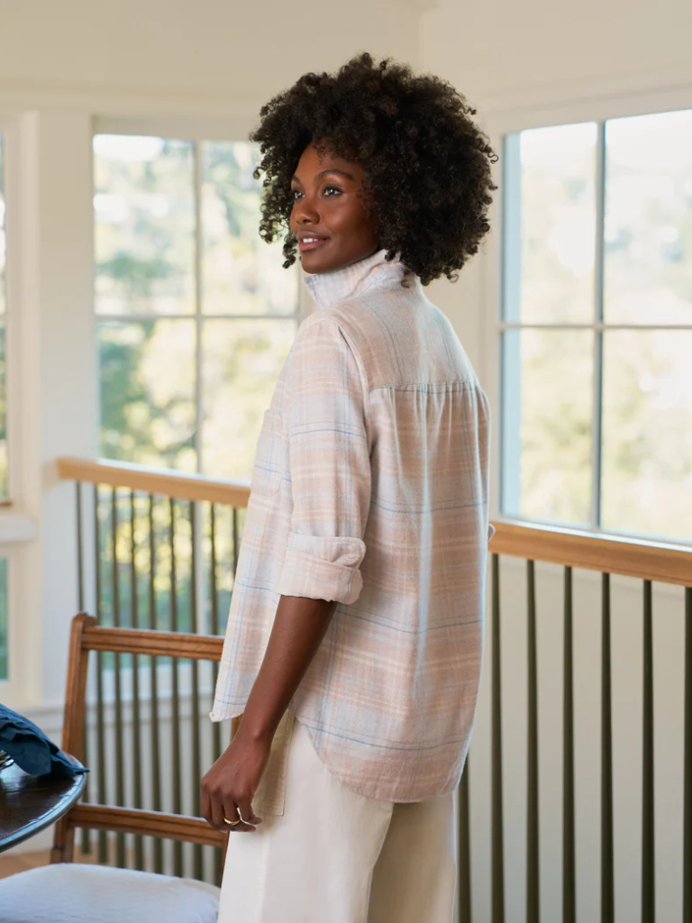 Eileen Flannel Button Up in Sand and Blue Plaid