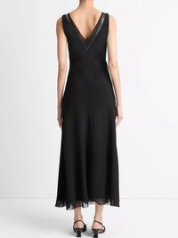 Chiffon and Faux-Leather Layered Slip Dress in Black