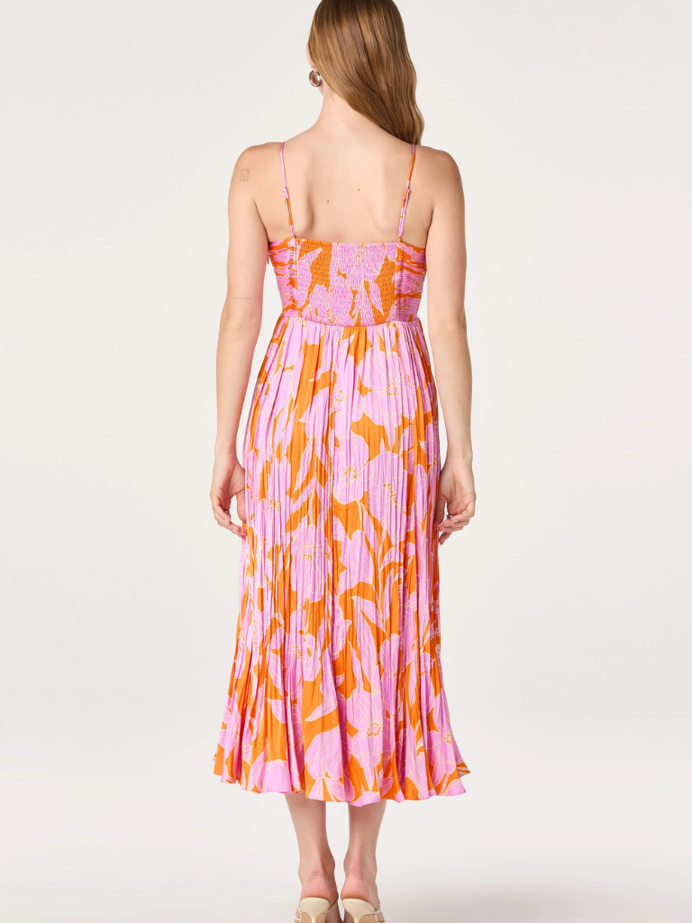 Maeve Pleated Midi Dress in Orange/Pink Floral