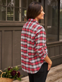 Eileen Textured Flannel Button Up in White and Black with Red Plaid