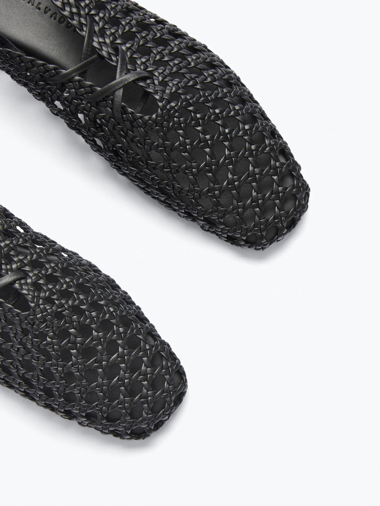 Etta Woven Ankle Lace-up Flat in Black Woven Calf