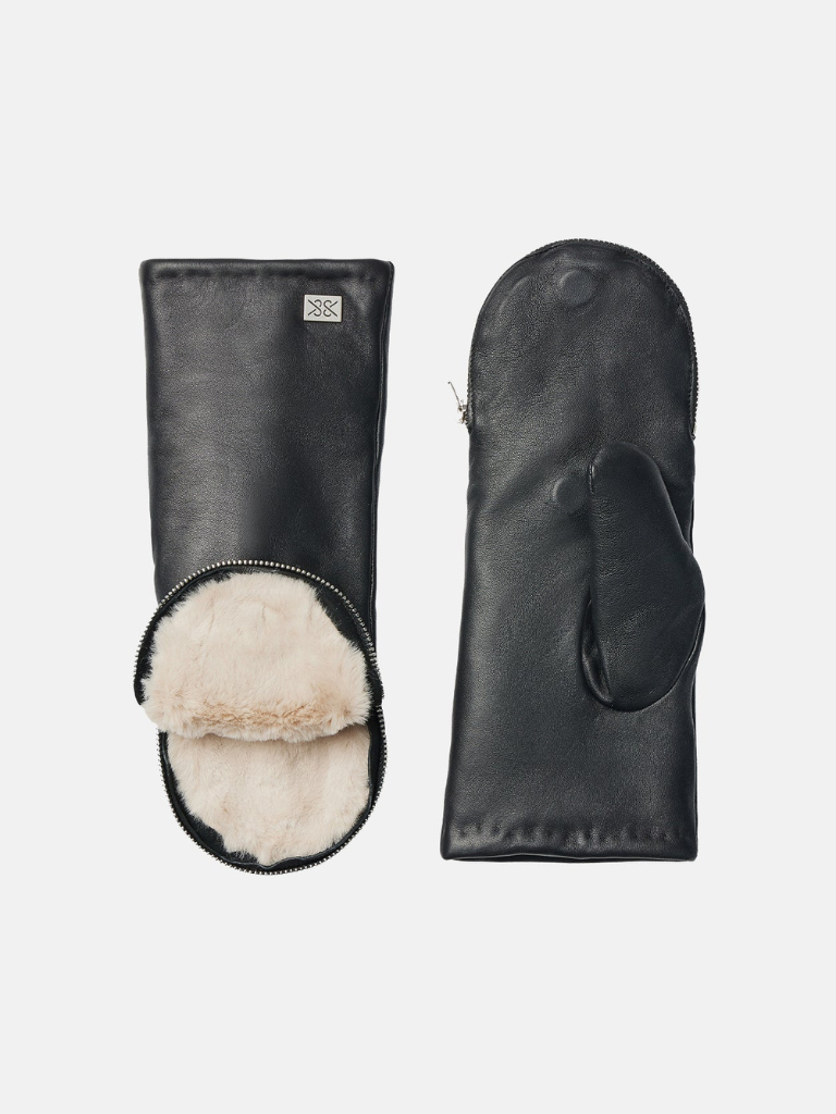 Betrice Leather Mitts Lined With Faux Fur in Black/Hush