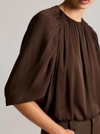 Stretch-Silk Cape-Sleeve Bubble Blouse in Pinewood