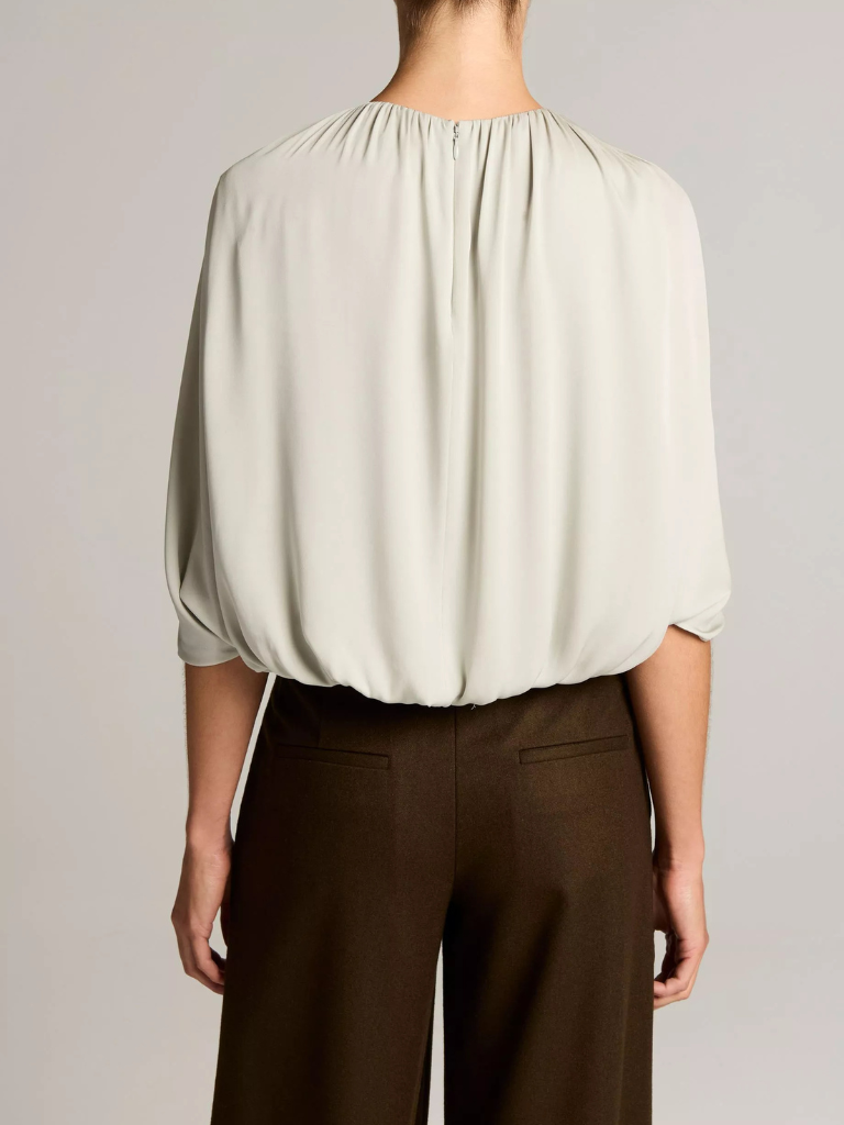 Stretch-Silk Cape-Sleeve Bubble Blouse in Stone Sage