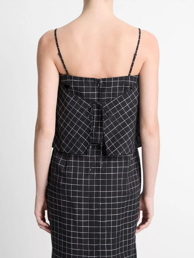 Trellis Plaid Cotton-Blend Tie-Back Top in Black/Cream