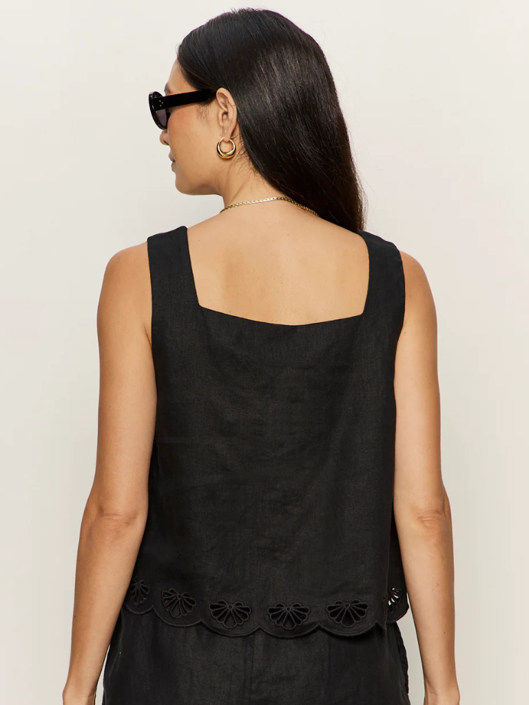 Almost There Scallop Hem Sleeveless Linen Top in Black