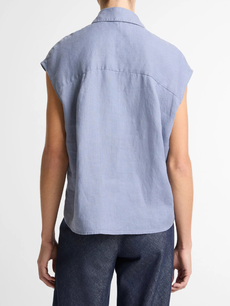 Linen Cap-Sleeve Button-Front Blouse in Azul