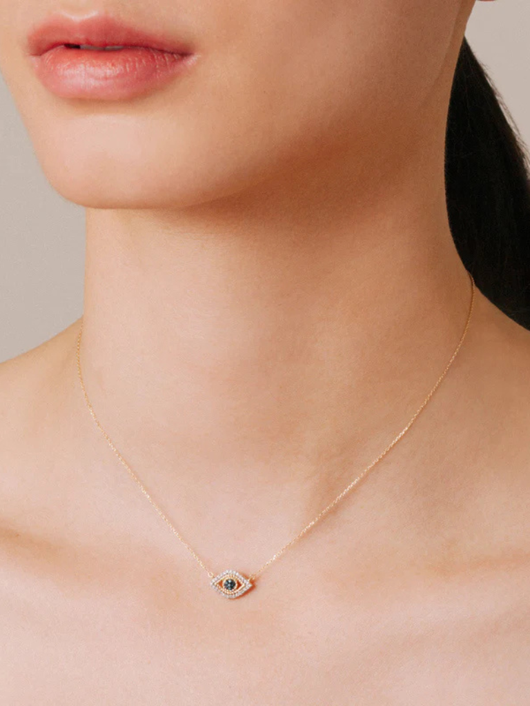 Tiny Pavé Evil Eye Necklace in 14k Yellow Gold / White Pave & Blue Pave