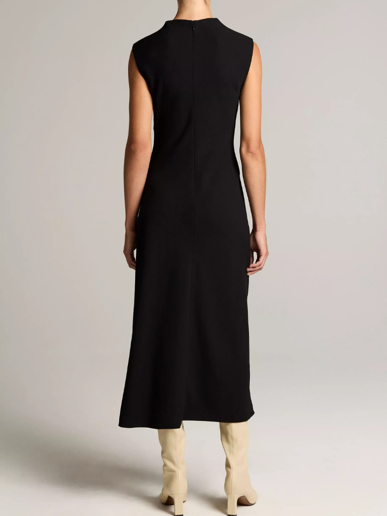 Draped Crepe Funnel-Neck Dress in Black