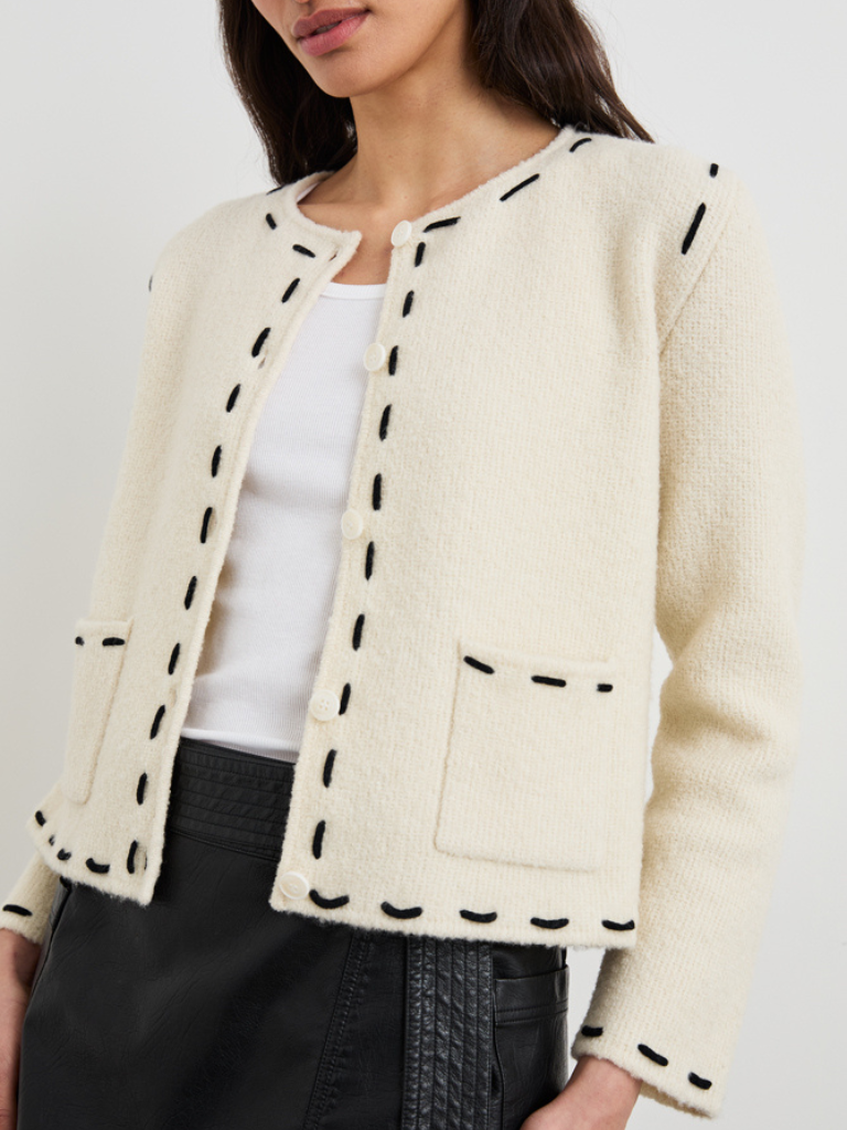 Juliette Pick Stitch Cardigan Sweater in Ivory