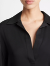 Stretch-Silk Long-Sleeve Polo Blouse in Black