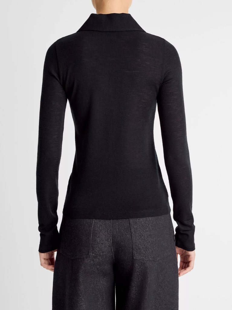 Wool Long-Sleeve Polo Top in Coastal Blue
