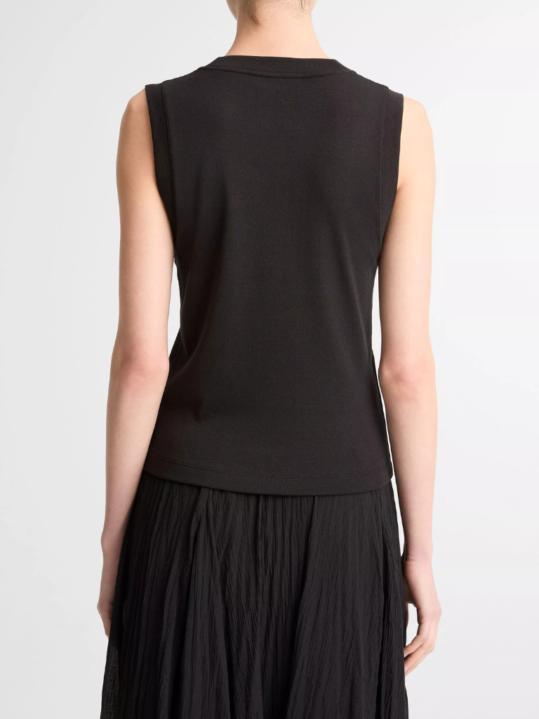 Pima Cotton-Blend High V-Neck Shell in Black