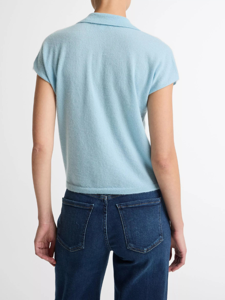 Cashmere-Silk Short-Sleeve Polo Sweater in Clearwater