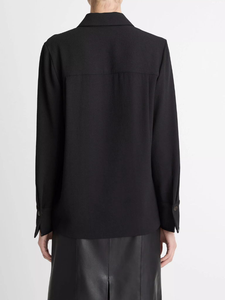 Faux-Leather-Trim Crepe Button-Front Shirt in Black