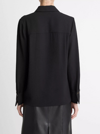 Faux-Leather-Trim Crepe Button-Front Shirt in Black