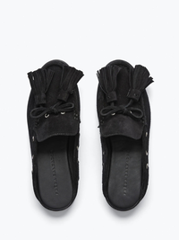 Leon Tassel Penny Loafer Mule in Black Suede