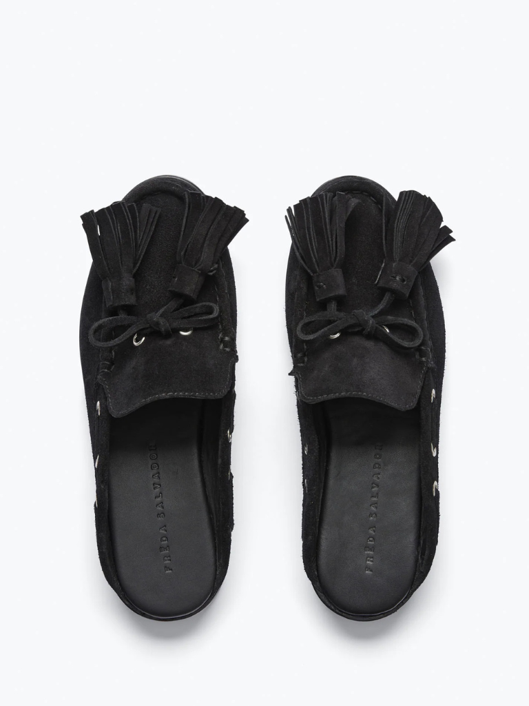 Leon Tassel Penny Loafer Mule in Black Suede