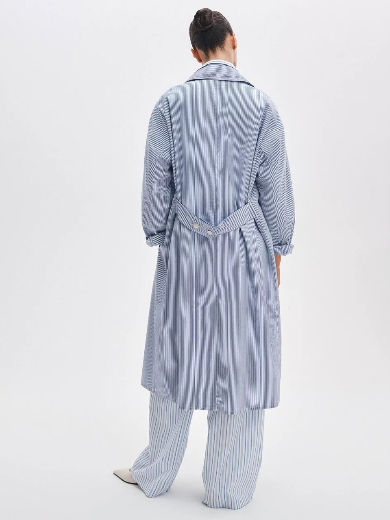 Gayle Striped Poplin Trench Coat in Blue Stripe