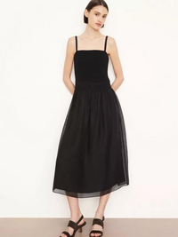 Smocked Mixed Media Cami Dress in Black