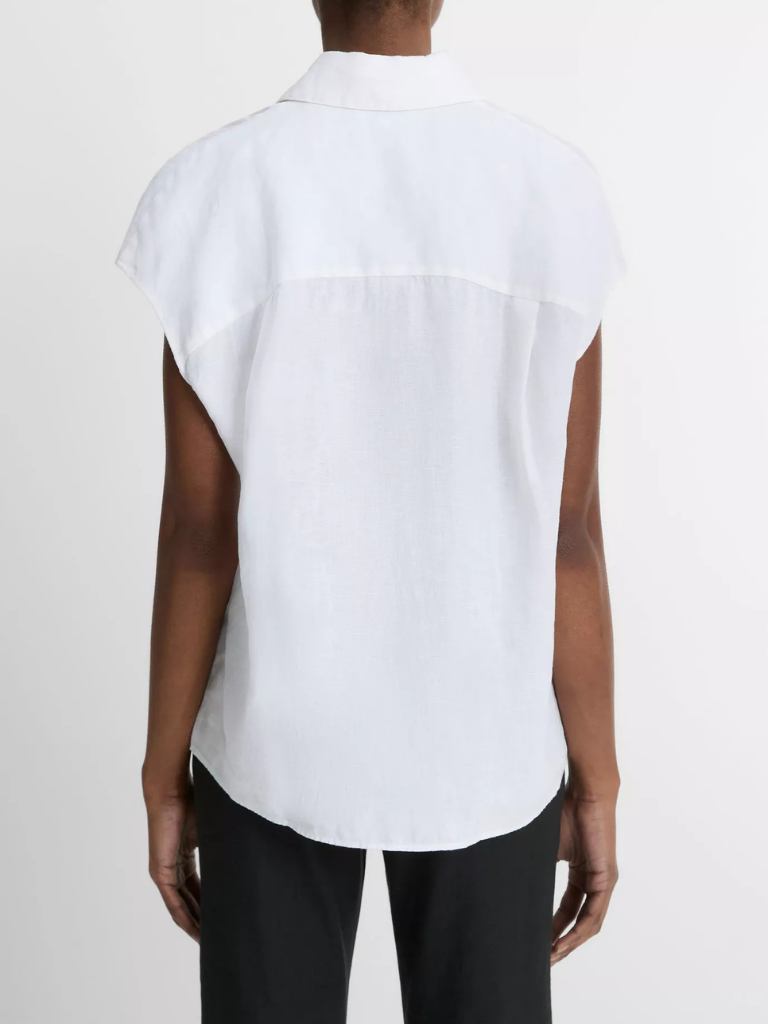 Linen Cap-Sleeve Button-Front Blouse in Optic White