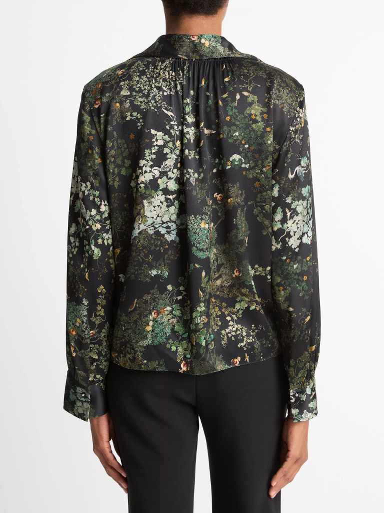 Smocked Grape Vine Silk Long-Sleeve Blouse in Black