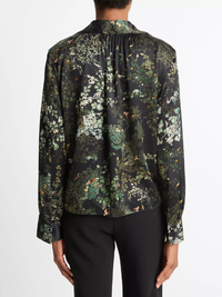Smocked Grape Vine Silk Long-Sleeve Blouse in Black