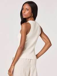 Mamie Ribbed Knit Button-Front Top in White