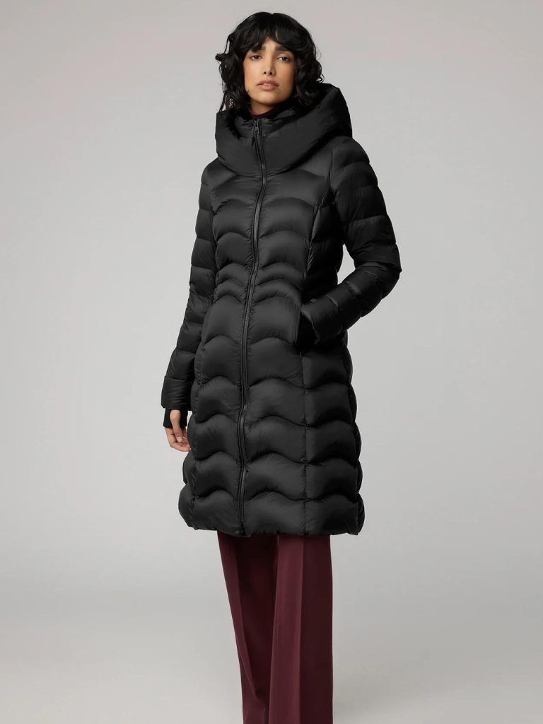 Lita-V Sustainable Lightweight Down Fit & Flare Coat With Hood in Black