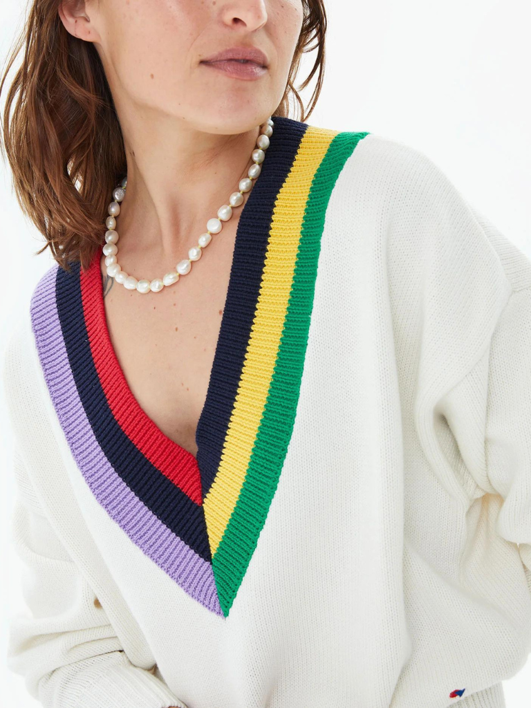 Varsity Sweater in Cream w/ Multi Stripe